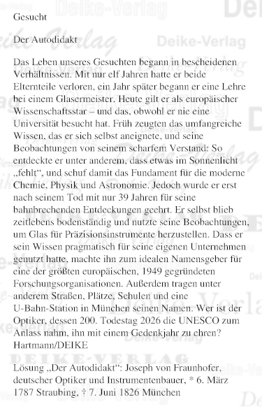 Joseph von Fraunhofer - Personenrätsel KW 2326