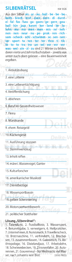 Vor Weihnacht viel Wasser, nach Johannis kein Brot - Silbenrätsel KW 5026