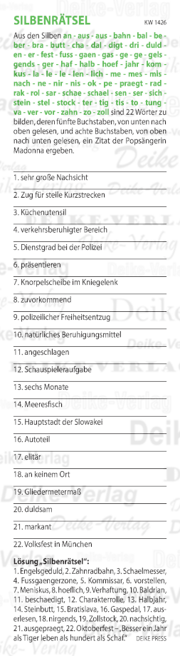 Besser ein Jahr als Tiger leben als hundert als Schaf. - Silbenrätsel KW 1426