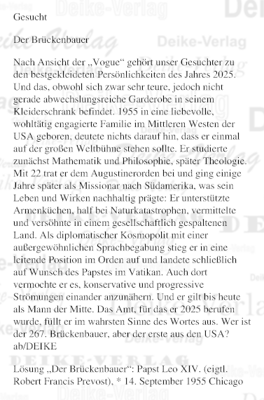 Papst Leo XIV.  - Personenrätsel KW 4626