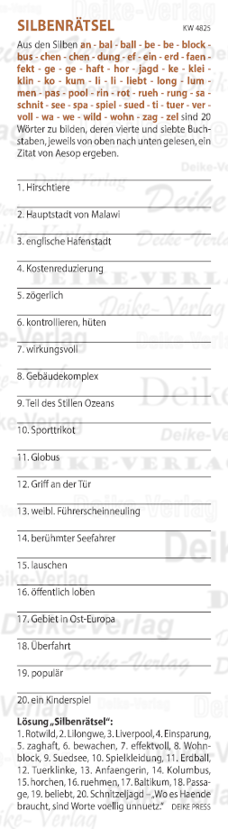 Wo es Hände braucht, sind Worte völlig unnütz - Silbenrätsel KW 4825