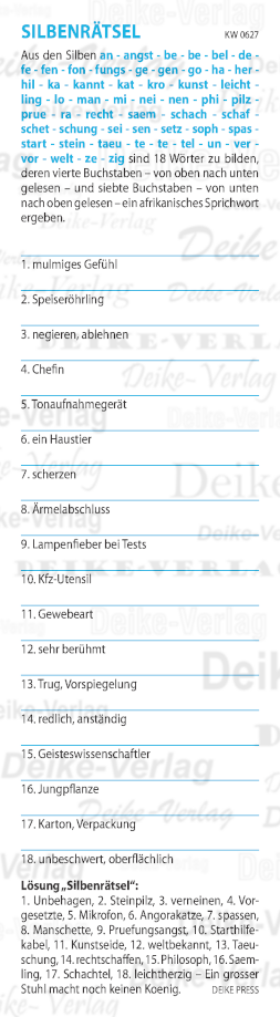 Ein grosser Stuhl macht noch keinen König - Silbenrätsel KW 067