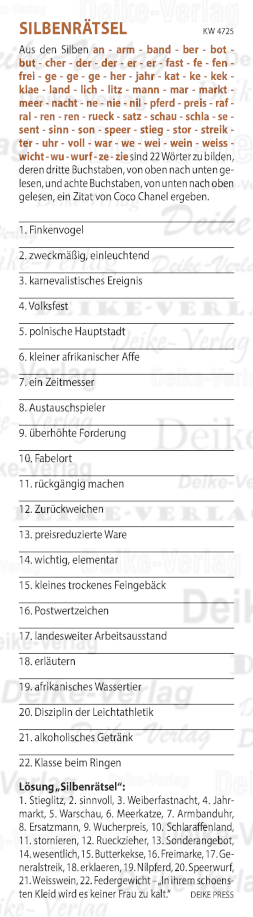 In ihrem schönsten Kleid wird es keiner Frau zu kalt - Silbenrätsel KW 4725 In ihrem schönsten Kleid wird es keiner Frau zu kalt - Silbenrätsel KW 4725