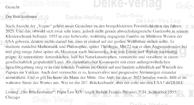 Papst Leo XIV.  - Personenrätsel KW 4626